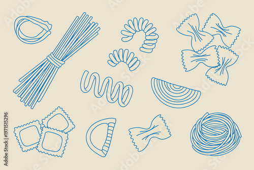Set of various types of pasta hand drawn in blue line art style outline sketch vector illustration design