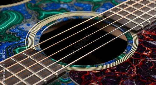 close up of acoustic guitar with colorful body