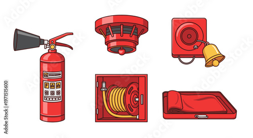Collection of fire safety equipment including a fire extinguisher, alarm, bell, and hose on a white background, flat lay.