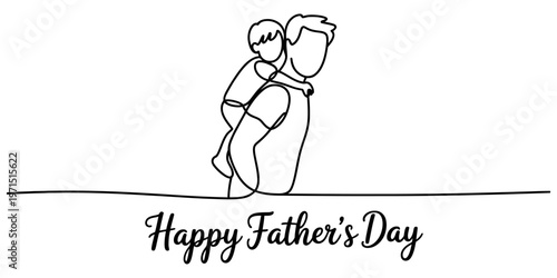 A single continuous line drawing of a father giving his young son a piggyback ride on his back Vector, illustration