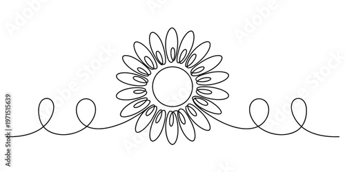 A minimalist single line drawing of a sunflower flower with curly decorative stems on white background Vector, illustration