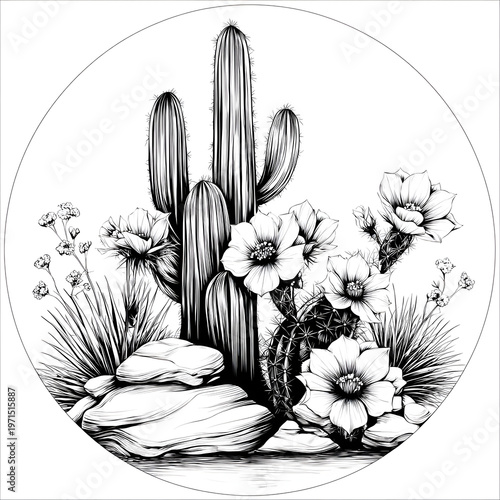 Cactus and flowers in a natural setting with stones and grass during daylight in black and white
