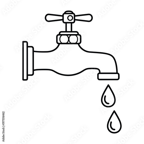 Simple outline of a water faucet with dripping droplets for a coloring book page activity.