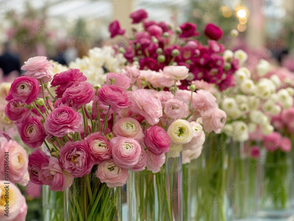 Obraz premium Colorful Ranunculus Flowers Arranged in Vases on Display at a Floral Event in a Convention Center