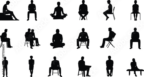 Vector collection of black silhouettes of people in various sitting and standing poses including meditating on floor and sitting on chair on white background.