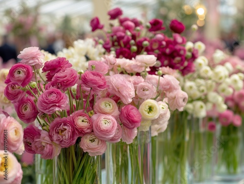 Colorful Ranunculus Flowers Arranged in Vases on Display at a Floral Event in a Convention Center