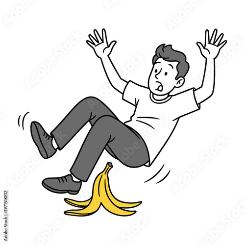 Cartoon man slipping and falling on a yellow banana peel in a classic slapstick moment