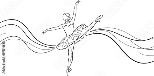 Elegant, ballerina, line, art, drawing, dancing, woman, ballet, dancer, pose, tutu, minimalist, sketch, graceful, movement, outline, cad, drawing, flat, vector, illustration