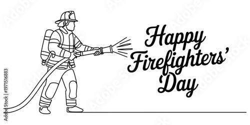 A single line drawing illustration of a firefighter using a water hose for happy firefighters day Vector, illustration