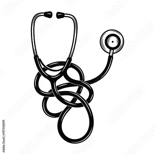 Black and white illustration of a medical stethoscope with tangled tubing on a white background.