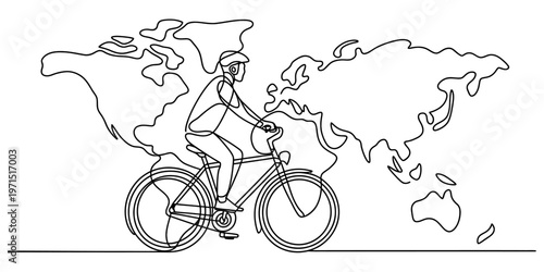A single continuous line drawing of a person riding a bicycle in front of a world map silhouette. Vector, illustration