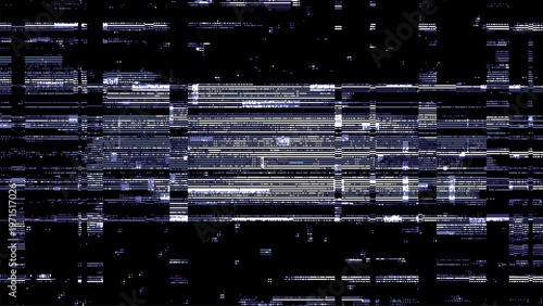 Abstract glitch background with white horizontal lines on black texture. Digital noise interference effect for electronic technology concept. Screen distortion and data error backdrop.