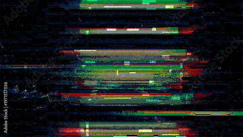 Glitch effect background with horizontal digital noise. Distorted video signal texture with colorful scanlines. Abstract electronic interference for modern technology graphic design.