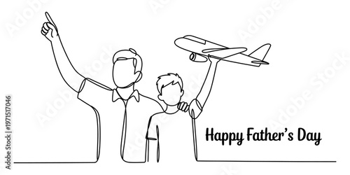 A single line drawing of a father and his son holding a toy airplane to celebrate fathers day. Vector, illustration