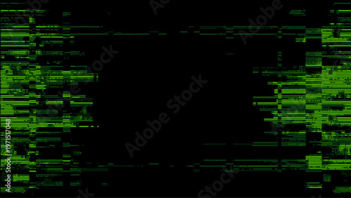 Green digital glitch background with abstract noise effect. Hacking terminal interference overlay pattern. Computer screen signal error texture for cyberpunk style graphic design project.