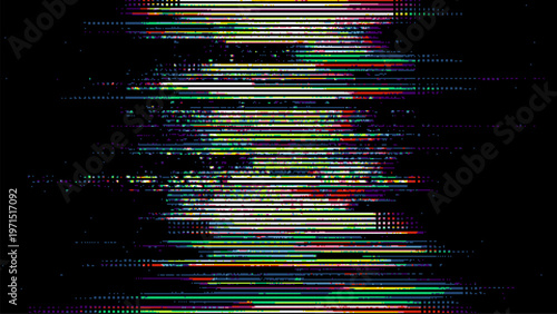 Glitch background with colorful horizontal lines on black. Digital distortion effect with pixelated strips for modern graphic design, motion video overlay and abstract technology concept.
