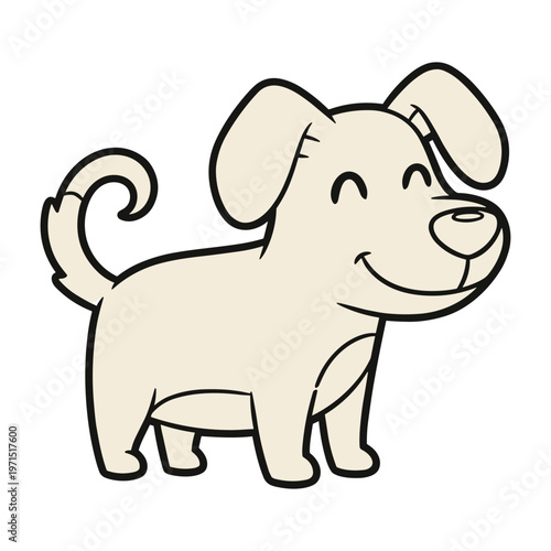A cute cartoon illustration of a happy grey dog with floppy ears and a wagging tail standing.