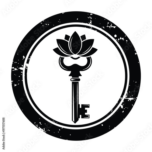 Vintage key with a lotus flower head icon inside a distressed circular frame on white background.