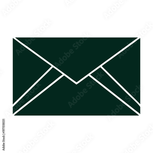 A minimalist dark green envelope icon on a white backdrop, symbolizing communication, mail, and correspondence in a clean, modern design isolated on