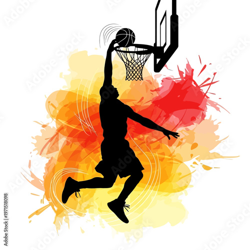 Basketball Player Slam Dunk Silhouette with Vibrant Watercolor Splash Background