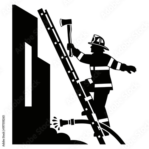 Black and White Firefighter Climbing Ladder Silhouette Icon