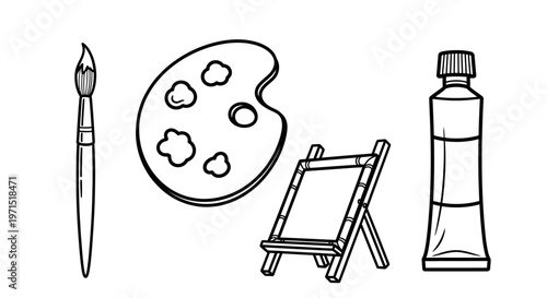 Art Supplies Set with Paintbrush Palette Easel and Paint Tube Line Art