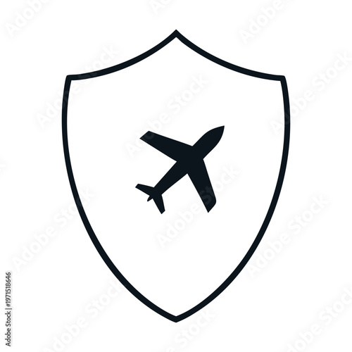 Airplane inside a shield isolated on, symbolizing travel insurance, safety, and protection for flights, vacations, and journeys, ensuring peace of mind and security