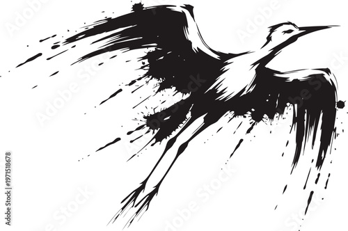 Stylized flying bird illustration in black brushstroke with dynamic wing motion