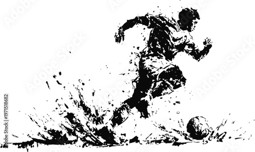 Dynamic soccer player kicking ball with splattered paint ink effect silhouette action sports art