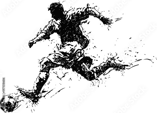 Dynamic soccer player kicking ball with splatter effect in energetic sports action illustration