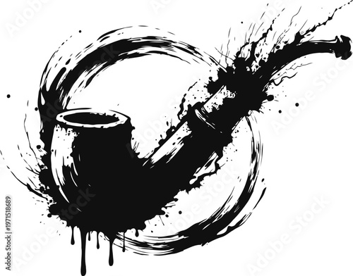Abstract black ink splash in the shape of a smoking pipe with dynamic brush strokes and dripping paint effects