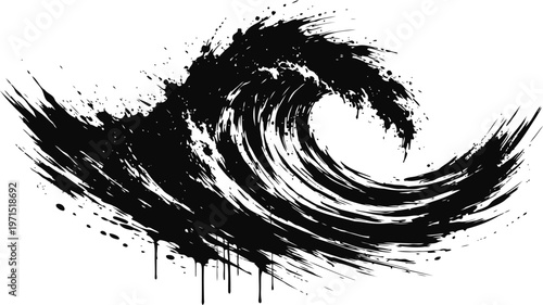 Abstract black ink wave splash dynamic brushstroke swirl water design japanese painting element