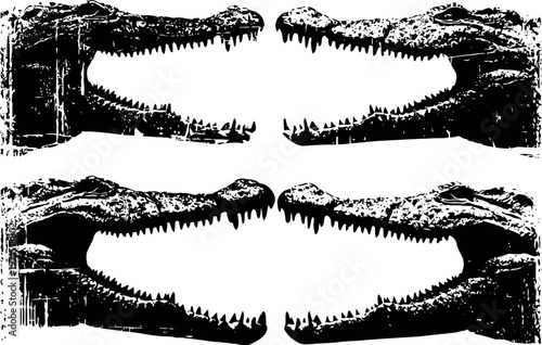 Grunge alligator skulls design closeup set vintage aggressive wild reptile jaws collection