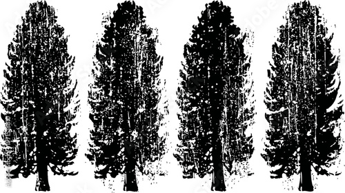 Black silhouette set of tall evergreen trees with detailed pine needle texture