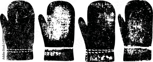 Four vintage textured oven mitts in a row, isolated black and white grunge illustration