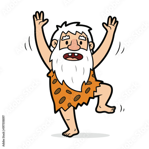 A happy cartoon caveman with a long white beard dancing with his arms raised high.
