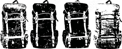 set of four vintage hiking backpacks in black and white, retro travel gear silhouettes