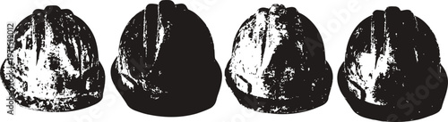 Black and white illustration of four industrial safety helmets lined up in a row