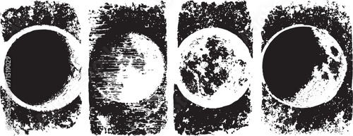 Lunar phases black and white illustration set eclipse, moon cycle, astronomy symbols