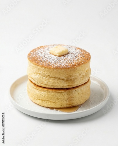 Fluffy japanese soufflé pancakes with butter and powdered sugar on a plate