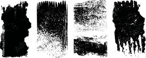 grunge black ink brush strokes textures with rough distressed patterns on white background