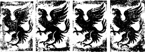 Grunge textured heraldic griffin emblem in black and white with distressed edges