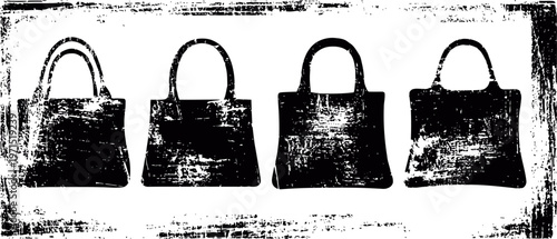 Four vintage leather handbags arranged in a row on textured background for fashion and