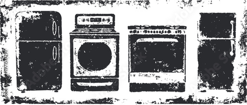 grunge black and white icons of kitchen appliances including refrigerator, washing machine, stove, and freezer