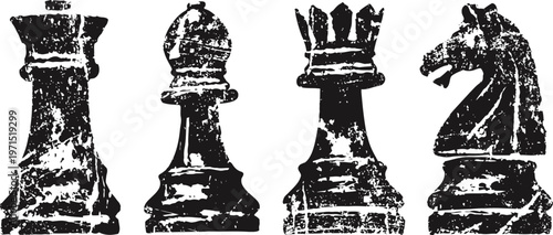 grunge chess pieces set featuring rook, bishop, queen, and knight in black and white