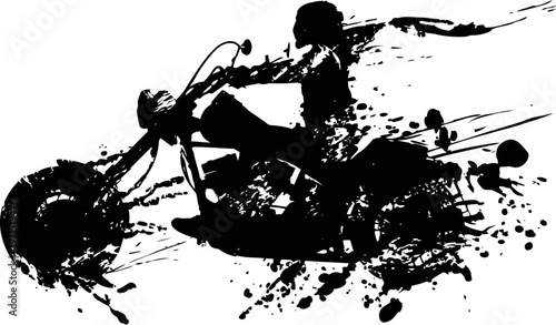 Motorcycle rider silhouette with dynamic ink splash effect, speed and motion abstract illustration