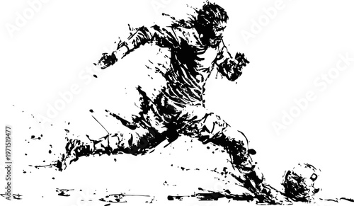 Dynamic soccer player kicking a ball with motion splash effect in black and white illustration
