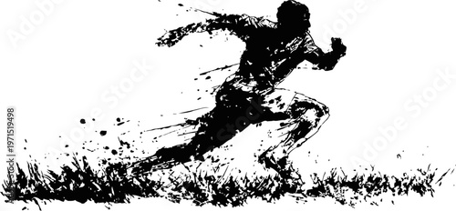 Dynamic black ink silhouette of a man running with grass and paint splatter effect
