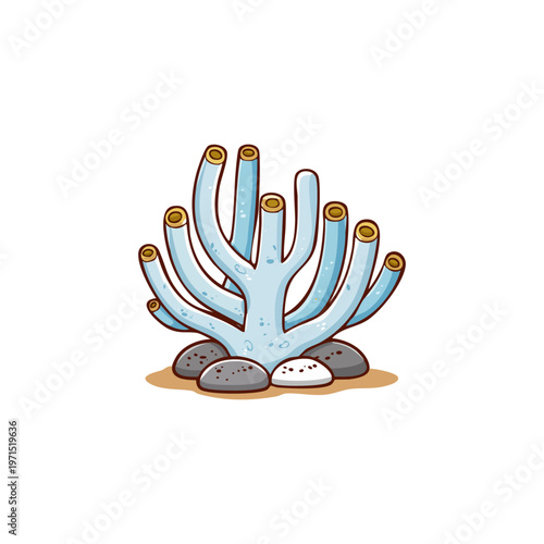 Charming cartoon illustration of a light blue tubular coral with yellow tips, an isolated marine organism often found thriving in vibrant ocean ecosystems and underwater environments