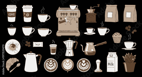 Coffee cups and brewing equipment.